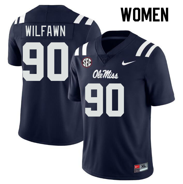 Women #90 Kortlen Wilfawn Ole Miss Rebels College Football Jerseys Stitched-Navy